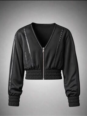 MDV Cropped Satin Bomber Leather Trim Black 4 NWOT